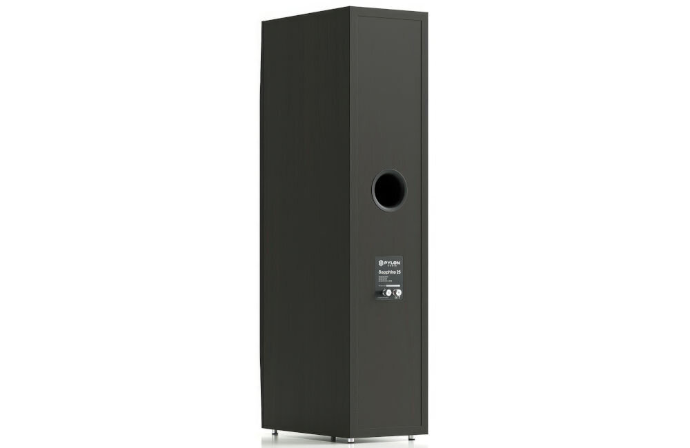 Kolumna PYLON AUDIO Sapphire 25 do systemów stereo hi-fi i kina domowego konstrukcja pasywna dopasowanie do wzmacniacza, kolumna głośnikowa po skosie od tyłu na białym tle