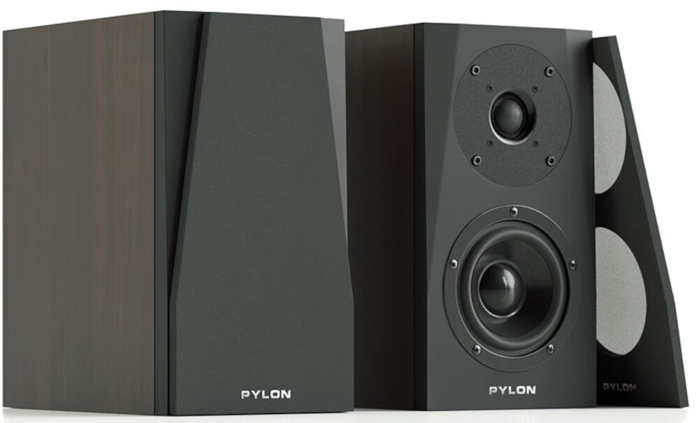 Zestaw dwóch kolumn głośnikowych PYLON AUDIO Sapphire sat przewodowe stereo, kolumny głośnikowe po skosie na białym tle