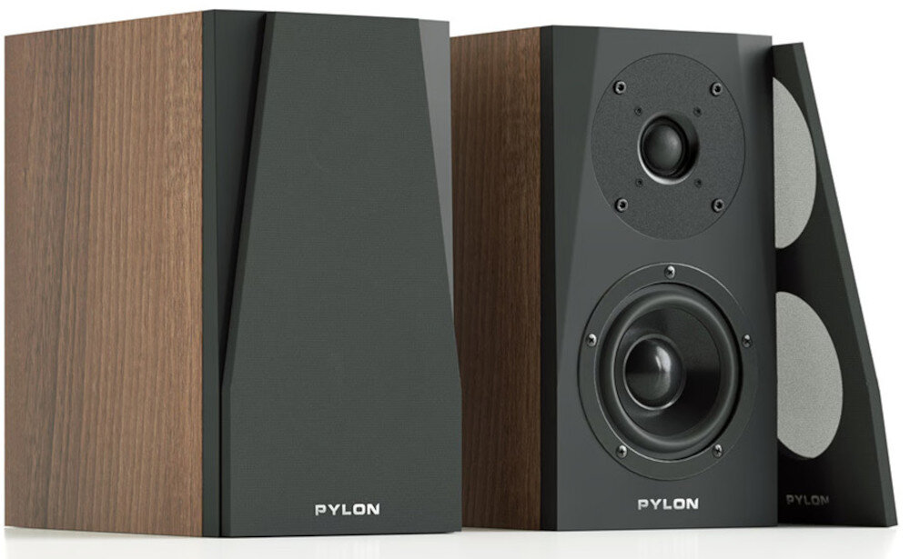 Zestaw dwóch kolumn głośnikowych PYLON AUDIO Sapphire sat przewodowe stereo, kolumny głośnikowe po skosie na białym tle