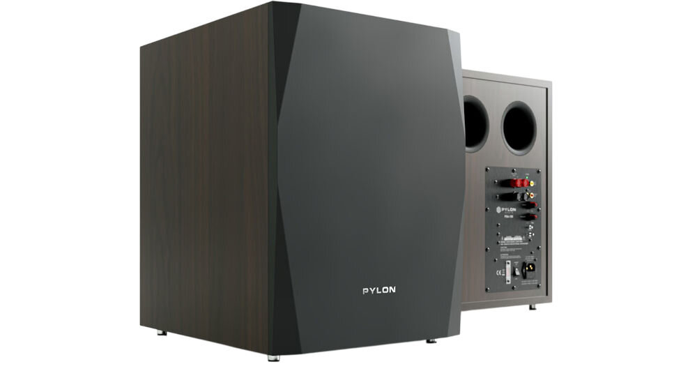 Subwoofer PYLON AUDIO Sapphire Sub seria Sapphire zgodność brzmieniowa, subwoofer po skosie od przodu i od tyłu na białym tle