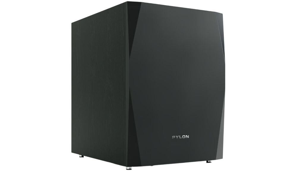 Subwoofer PYLON AUDIO Sapphire Sub wzmacniacz klasy D moc RMS 150W, subwoofer po skosie na białym tle