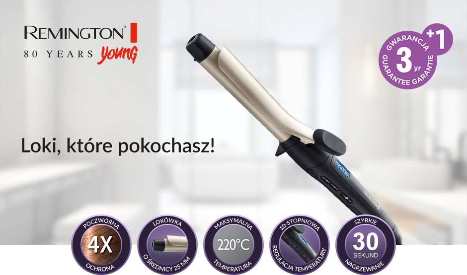 Obraz przedstawia lokówkę z napisem \'Loki, które pokochasz!\' oraz logo \'REMINGTON 80 YEARS young\'. Widoczne są ikony z informacjami: \'4X POCZWÓRNA OCHRONA\', \'LOKÓWKA O ŚREDNICY 25 MM\', \'MAKSYMALNA TEMPERATURA 220°C\', \'19-STOPNIOWA REGULACJA TEMPERATURY\', \'SZYBKIE NAGRZEWANIE 30 SEKUND\' oraz \'3+1 GWARANCJA GUARANTEE GARANTIE\'.