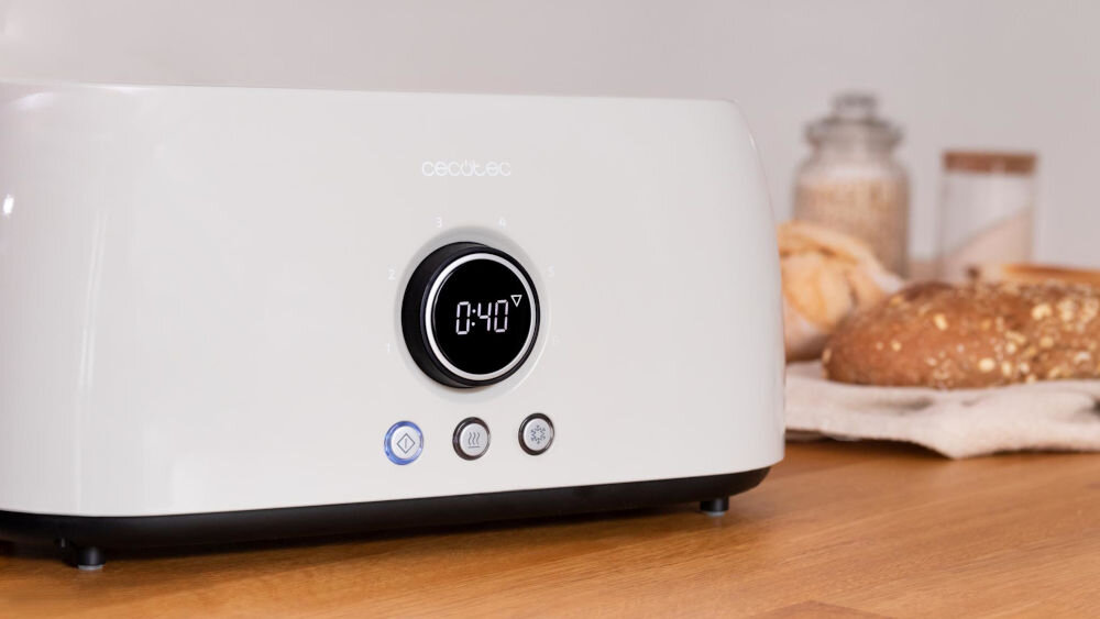 Toster CECOTEC ClassicToast 15000 Extra Double Beżowy trzy przyciski funkcyjne szybkie przejście do trybu rozmrażania lub podgrzewania trzeci przycisk natychmiastowe zatrzymanie pracy urządzenia dostosowanie działania tostera wygodny intuicyjny w obsłudze