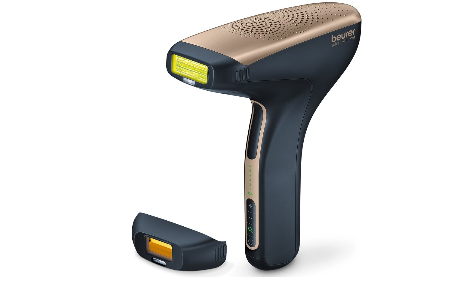 Na obrazie widoczny jest depilator w kolorze czarno-złotym z napisem \'beurer Velvet Skin Pro\'. Obok urządzenia znajduje się wymienny element z żółtym okienkiem.