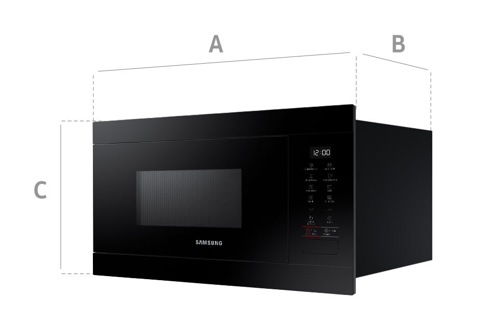 Rysunek techniczny przedstawiający poszczególne wymiary kuchenki mikrofalowej z grillem MG22M8254AK Samsung 