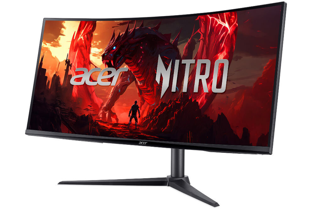 ACER Nitro XZ340CURX0bmiiphx 34 cali 3440x1440px 200Hz 1 ms [VRB] Curved prezentacja monitora na białym tle od przodu pod kątem HDR10 200 Hz 1 ms FreeSync Premium zastosowanie do gier grafiki pracy krzywizna 1500R komfort