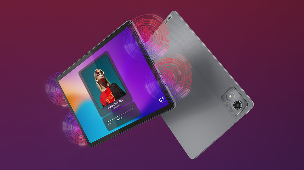 Lenovo Tab K11 Enhanced Edition cztery głośniki Dolby Atmos dźwięk przestrzenny multimedia dwa tablety i wizualiacja dźwięku 
