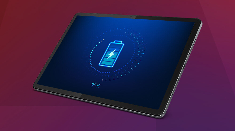 Lenovo Tab K11 Enhanced Edition bateria 7040 mAh do 10 godzin pracy mobilność z poziomem stanu baterii na ekranie 