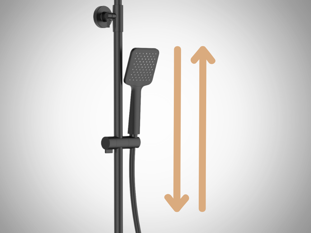 DESZCZOWNIA Z BATERIĄ INVENA szare tło bok wizualizacja regulowany Natrysk strzałki Jednofunkcyjny natrysk ręczny precyzyjne dopasowanie komfort