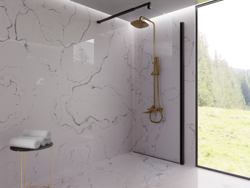 DESZCZOWNIA Z BATERIĄ INVENA GLAMOUR AU-05-B09-V ZŁOTY łazienka prysznic duże okno