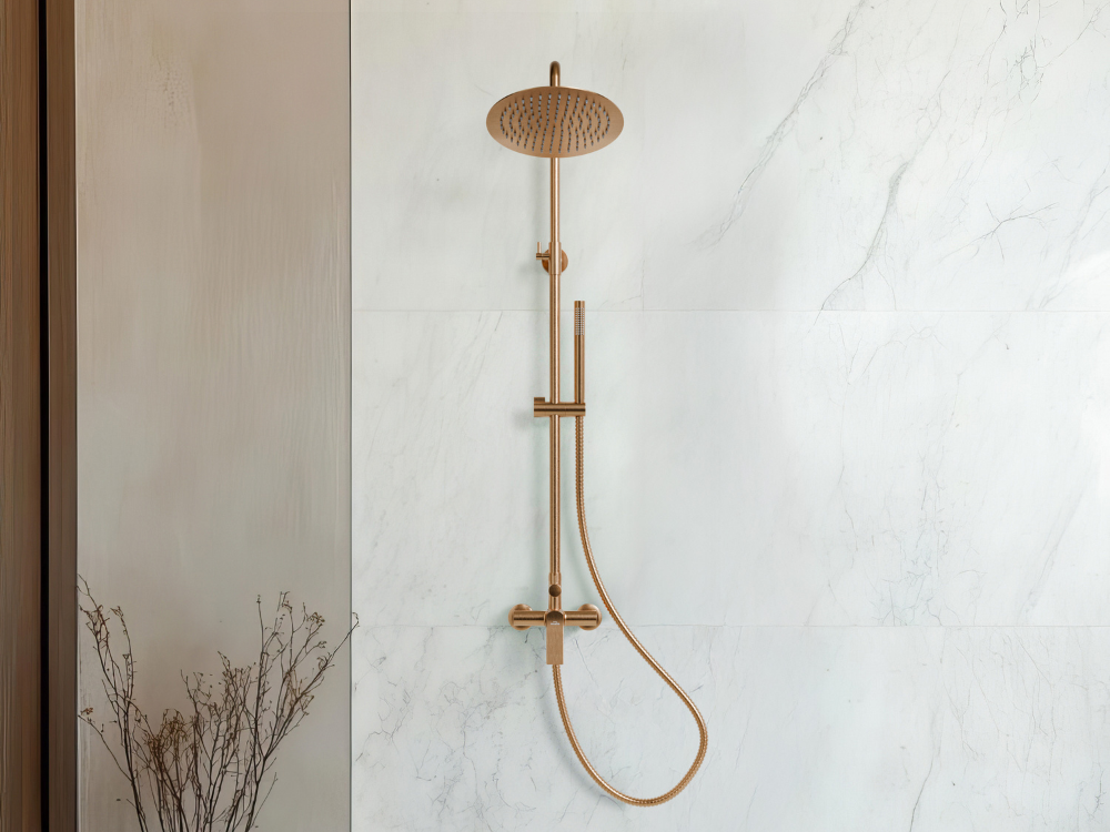 DESZCZOWNIA Z BATERIĄ INVENA NERI PLUS AU-P9-B14-L MIEDŹ łazienka prysznic bateria kolor złoty front