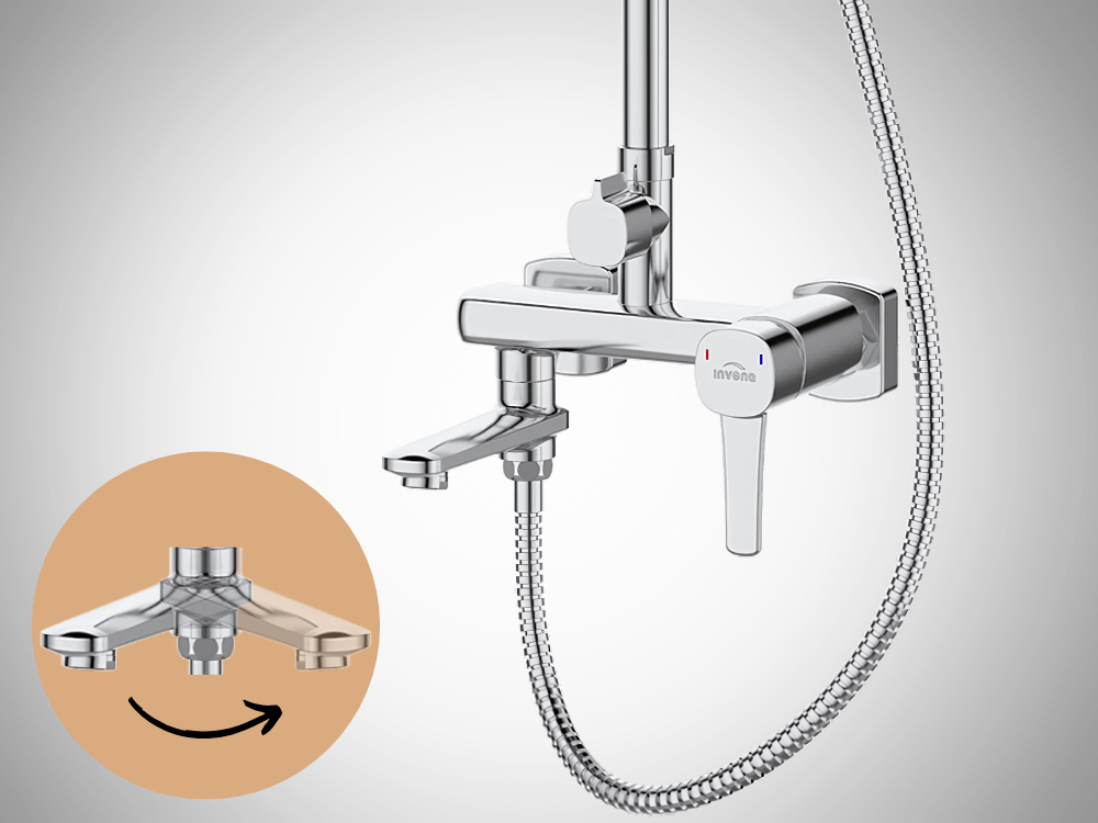 DESZCZOWNIA Z BATERIĄ INVENA GLAMOUR AU-05-B01-V chrom ikona regulacja zbliżenie wylewka przełączenie strumienia składana wylewka estetyka praktyczność