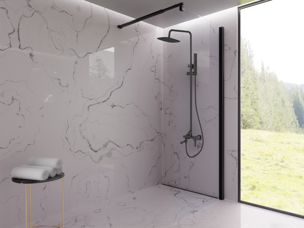 DESZCZOWNIA Z BATERIĄ INVENA GLAMOUR AU-05-B04-V CZARNY łazienka prysznic duże okno