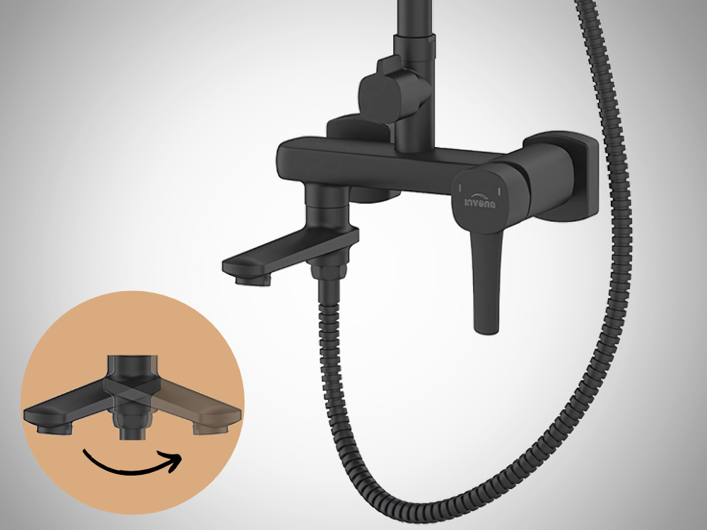 DESZCZOWNIA Z BATERIĄ INVENA GLAMOUR AU-05-B04-V CZARNY ikona regulacja zbliżenie wylewka przełączenie strumienia składana wylewka estetyka praktyczność