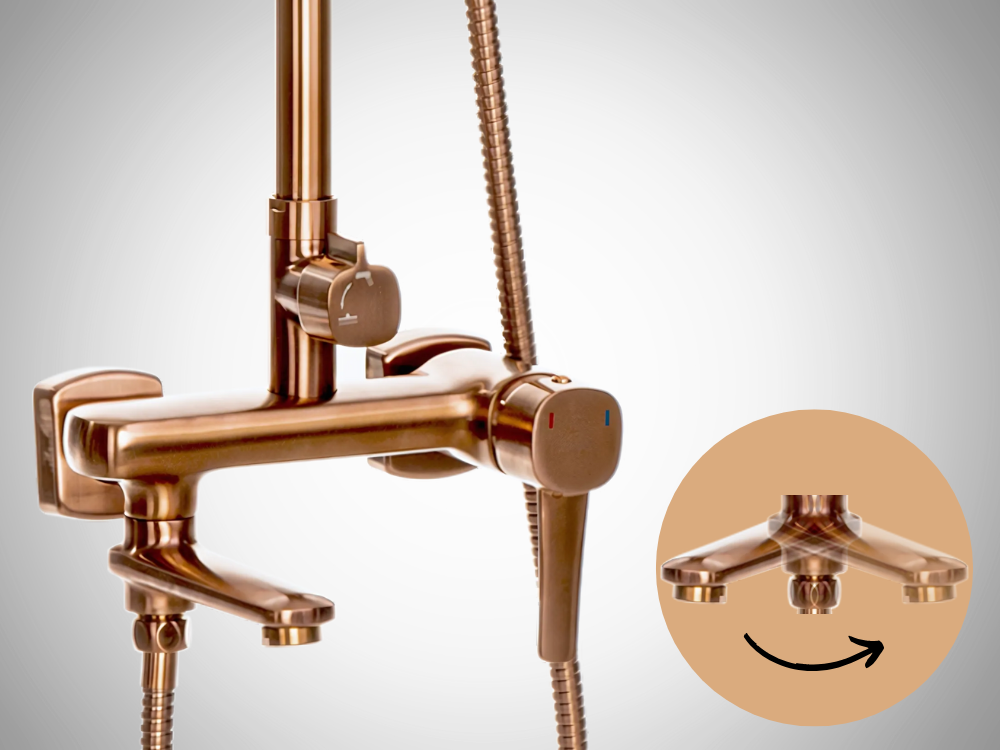 DESZCZOWNIA Z BATERIĄ INVENA GLAMOUR AU-05-B14-V MIEDŹ ikona regulacja zbliżenie wylewka przełączenie strumienia składana wylewka estetyka praktyczność