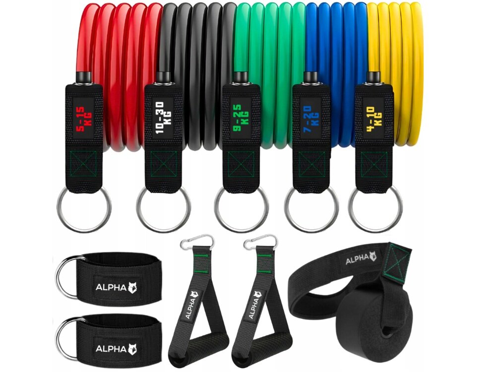 Zestaw gum do ćwiczeń ALPHA XPB-01 do treningu siłowego, mobilizacyjnego i rehabilitacyjnego, różne opory gum, dopasowane obciążenie