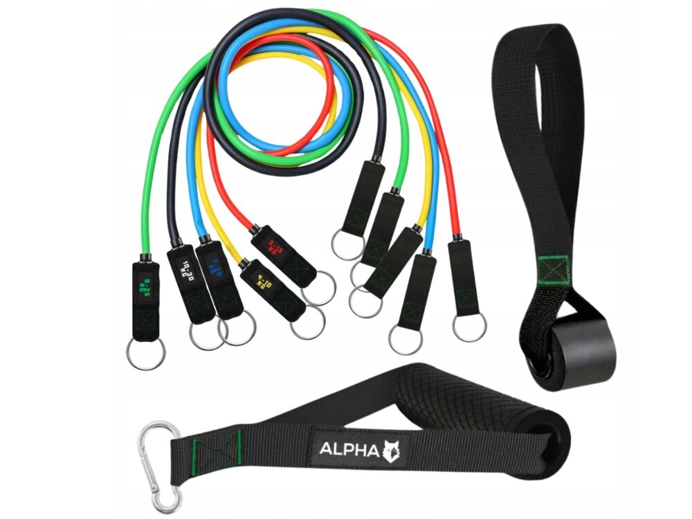 Zestaw gum do ćwiczeń ALPHA XPB-01 5 gum oporowych, uchwyty, opaski na kostkę, zaczep drzwiowy, domowa przestrzeń treningowa
