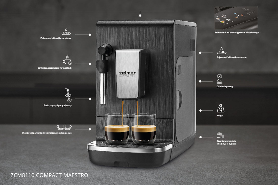 Ekspres ZELMER Compact Maestro ZCM8110 Codzienna dawka energii dla prawdziwych miłośników napojów kawowych ciśnienie dwie kawy jednocześnie Intuicyjny dotykowy panel personalizacja napoje funkcja pary do spieniania mleka