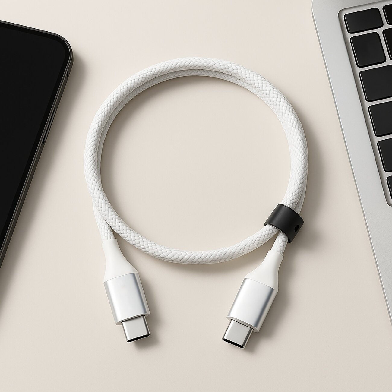 Na jasnym tle leży biały kabel USB-C z metalowymi końcówkami, ułożony w kształt okręgu. Obok widoczne są fragmenty czarnego smartfona i srebrnego laptopa.