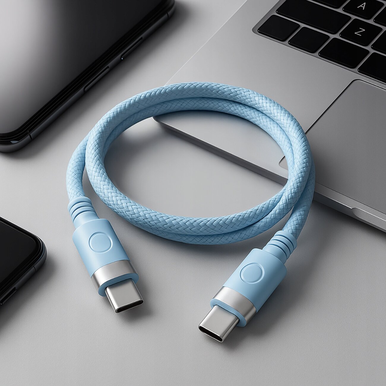 Na obrazie widać niebieski kabel USB-C z oplotem, leżący obok laptopa i smartfona. Kabel ma metalowe końcówki i jest przeznaczony do szybkiego ładowania.