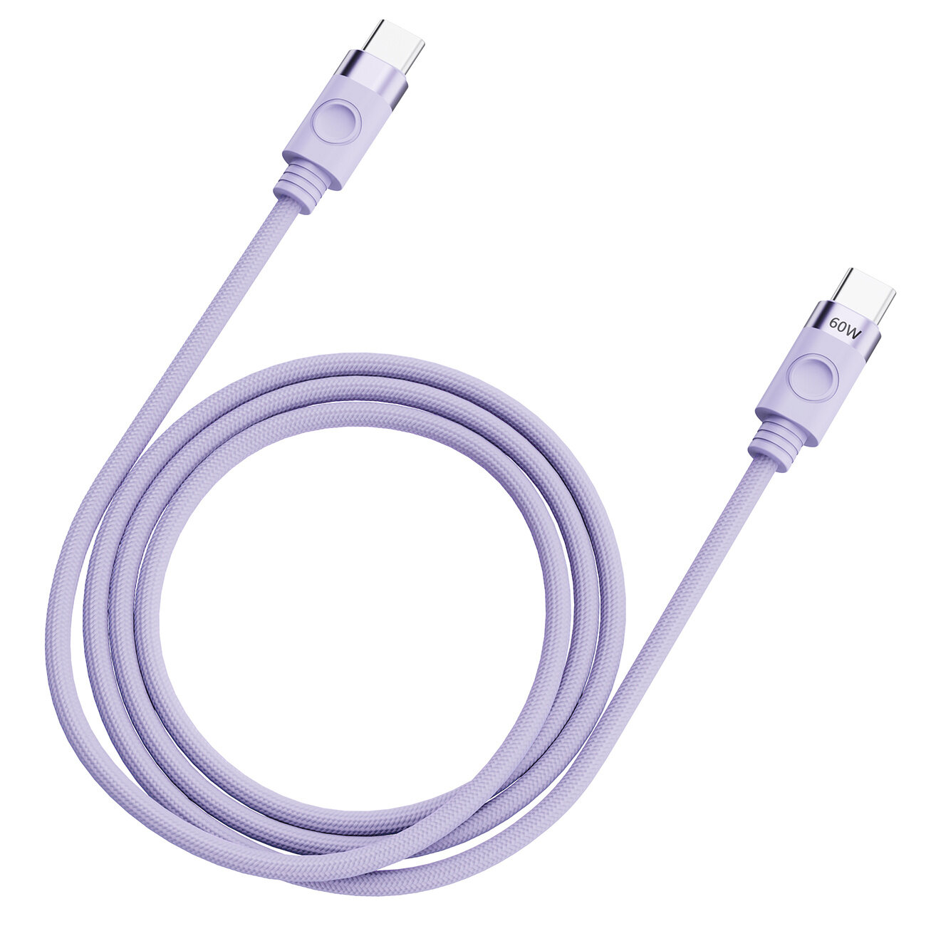 Fioletowy kabel USB-C do USB-C z plecionym oplotem, oznaczony napisem \'60W\' na jednym z końców.