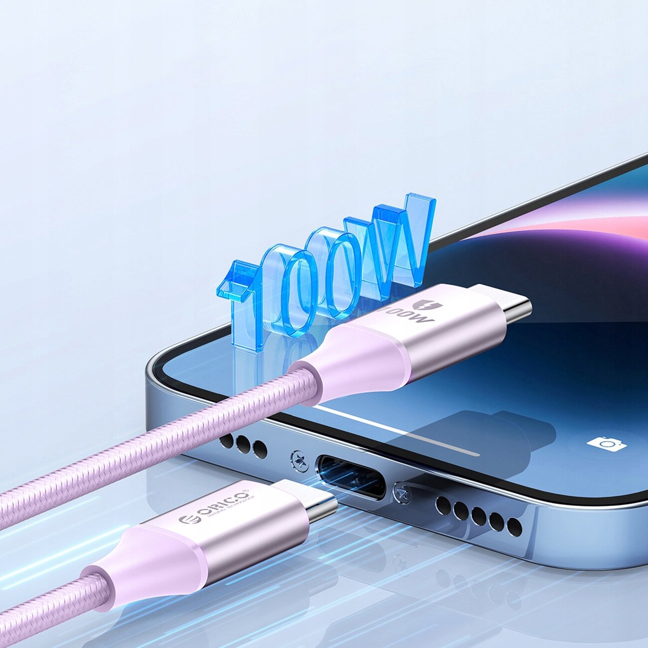 Na obrazie widoczny jest fioletowy kabel USB-C z logo \'Orico\', podłączony do smartfona. Nad kablem unosi się napis \'100W\'.