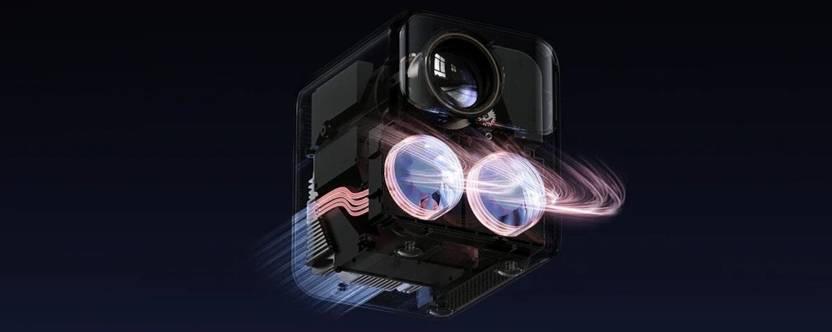 Projektor WANBO Mozart 1 Pro New PixelPro 5.0, hałas <32dB, żywotność 20000h, budowa projektora na ciemnym tle