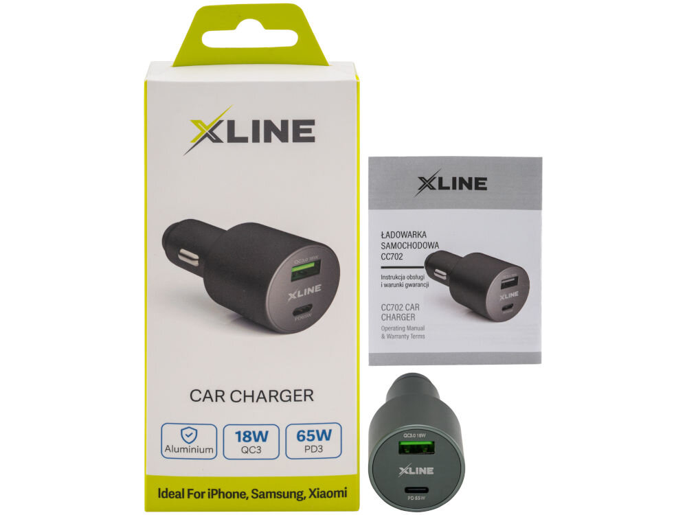 Na obrazie widoczna jest ładowarka samochodowa z logo XLINE oraz opakowanie z napisem \'CAR CHARGER\'. Na opakowaniu znajdują się informacje: \'18W QC3\', \'65W PD3\', \'Ideal For iPhone, Samsung, Xiaomi\'.