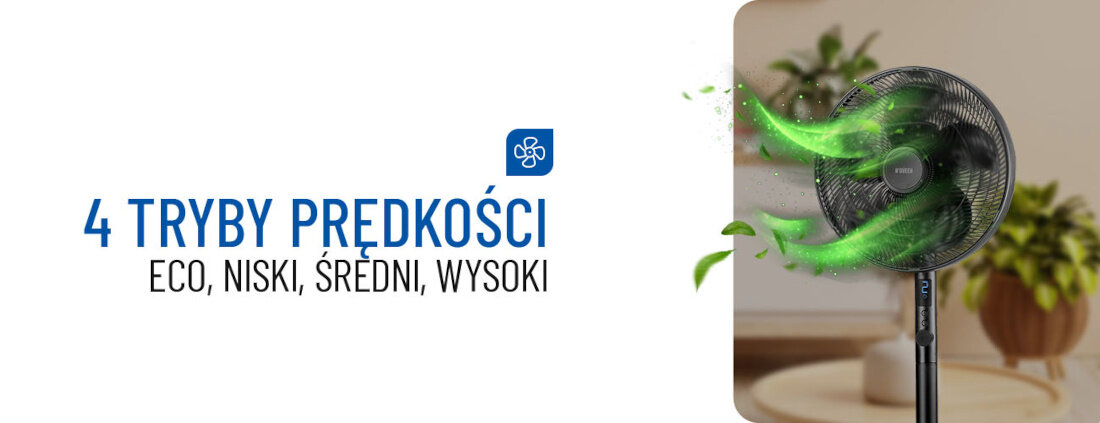 Wentylator NOVEEN F535 4 tryby prędkości eco niski średni wysoki dostosowanie oczekiwania Subtelny powiew w trybie eco intensywne działanie w trybie wysokim