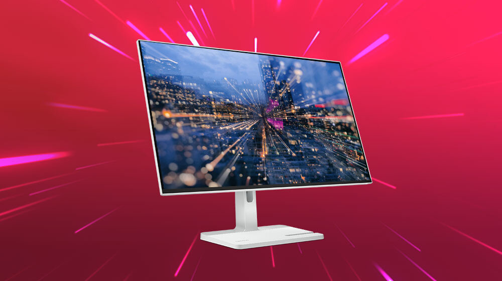 Monitor LENOVO L27h-4A 27 cali 2560x1440px IPS 100Hz 1 ms [MPRT] prezentacja monitora na czerwonym tle z przebłyskami światła rozdzielczość QHD cienkie ramki spora przestrzeń robocza dom biuro wygoda estetyka