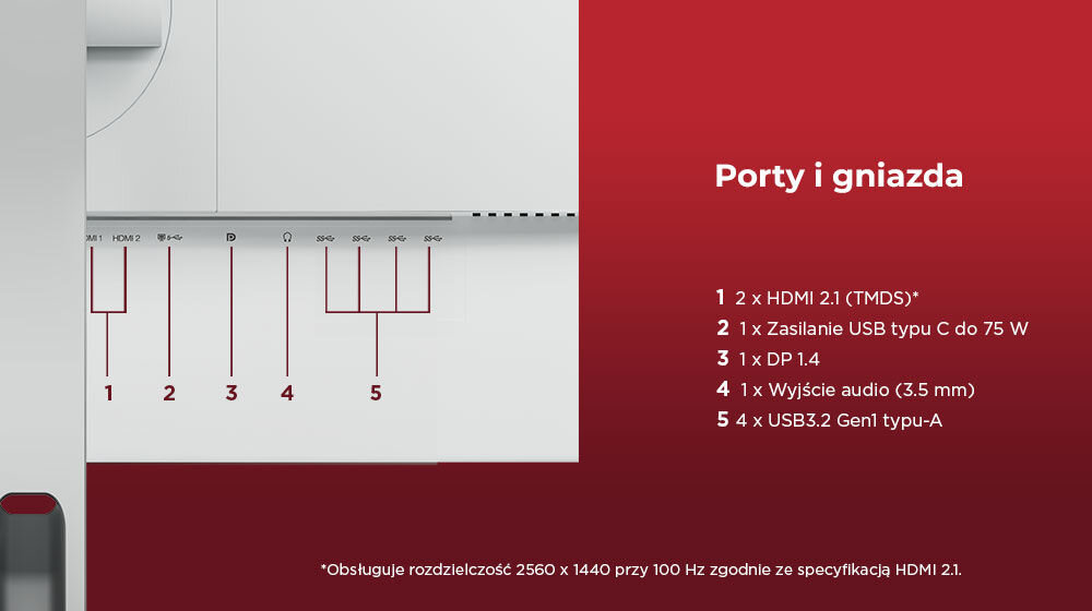 Monitor LENOVO L27h-4A 27 cali 2560x1440px IPS 100Hz 1 ms [MPRT] prezentacja portów z gniazd znajdujących się z tyłu obudowy 2 x HDMI 2.1 (TMDS) 2560 × 1440 przy 100 Hz 1 x DisplayPort 1.4 port USB-C (do 75 W) 4 x USB 3.2 Gen1 typu A wyjście audio 3,5 mm wygoda