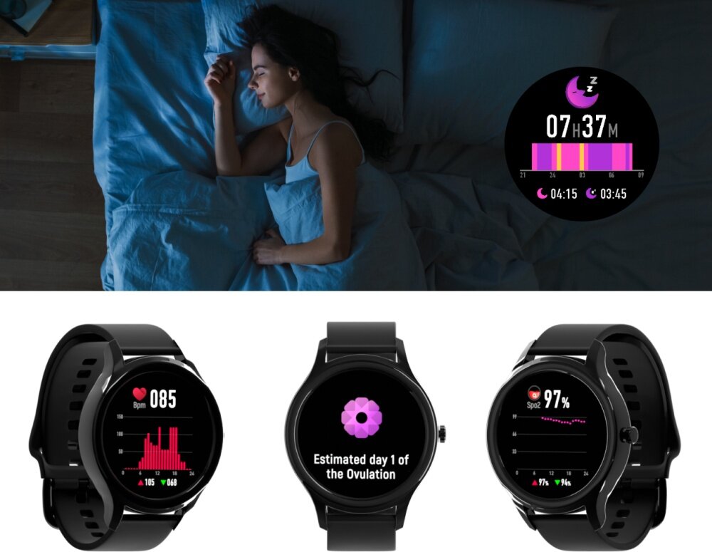 Smartwatch FOREVER Forevive 3 SB-340 ekran bateria czujniki zdrowie sport pasek ładowanie pojemność rozdzielczość łączność sterowanie krew puls rozmowy smartfon aplikacja