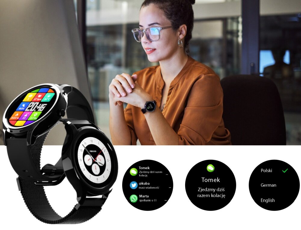 Smartwatch FOREVER Forevive 3 SB-340 ekran bateria czujniki zdrowie sport pasek ładowanie pojemność rozdzielczość łączność sterowanie krew puls rozmowy smartfon aplikacja
