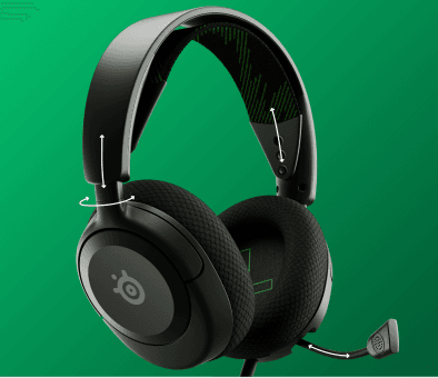 Czarne słuchawki nauszne z logo SteelSeries na muszli, z mikrofonem na wysięgniku. Tło jest zielone z delikatnym wzorem.