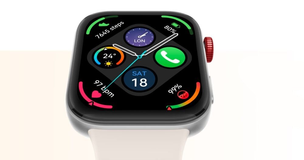 Smartwatch z kolorowym wyświetlaczem pokazuje różne wskaźniki, takie jak kroki, tętno, poziom naładowania baterii i datę. Na ekranie widoczne są także ikony pogody, połączeń i lokalizacji.