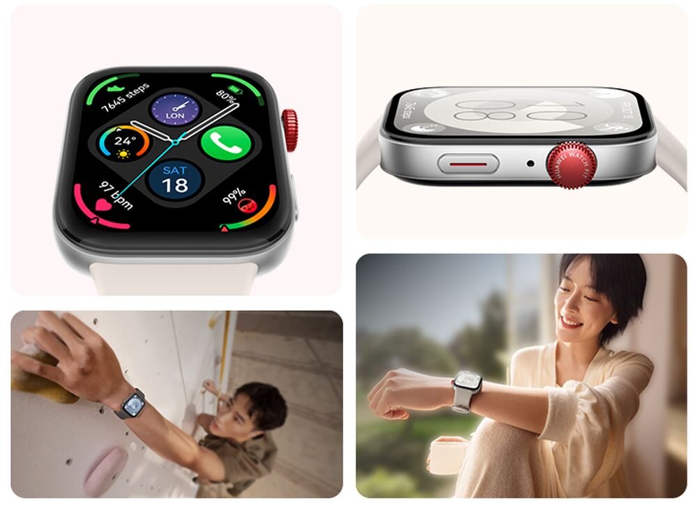 Obraz przedstawia smartwatch z kolorowym wyświetlaczem, na którym widoczne są ikony aplikacji i dane takie jak kroki, tętno i data. Na zdjęciach widać również osoby noszące smartwatch podczas wspinaczki i w relaksującej pozycji.