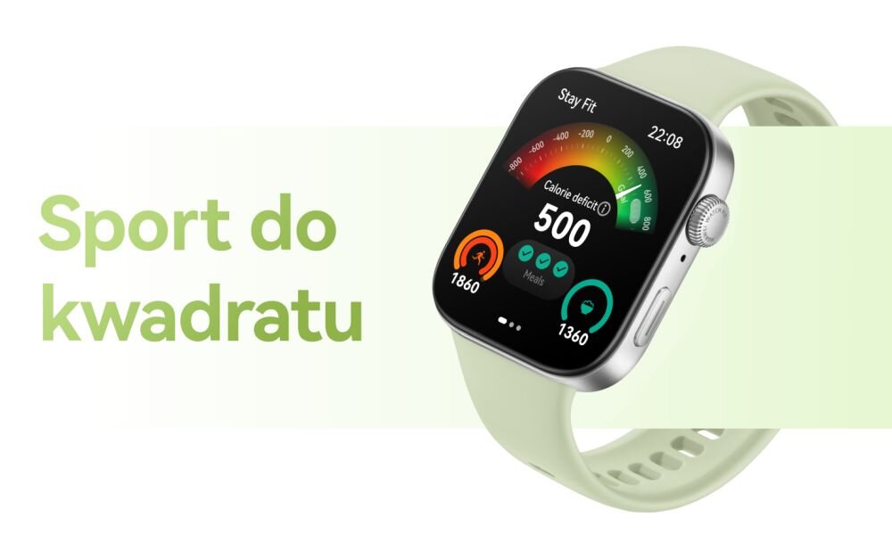 Na obrazie widoczny jest smartwatch z wyświetlaczem pokazującym dane dotyczące aktywności fizycznej, takie jak liczba spalonych kalorii. Obok zegarka znajduje się tekst: \'Sport do kwadratu\'.