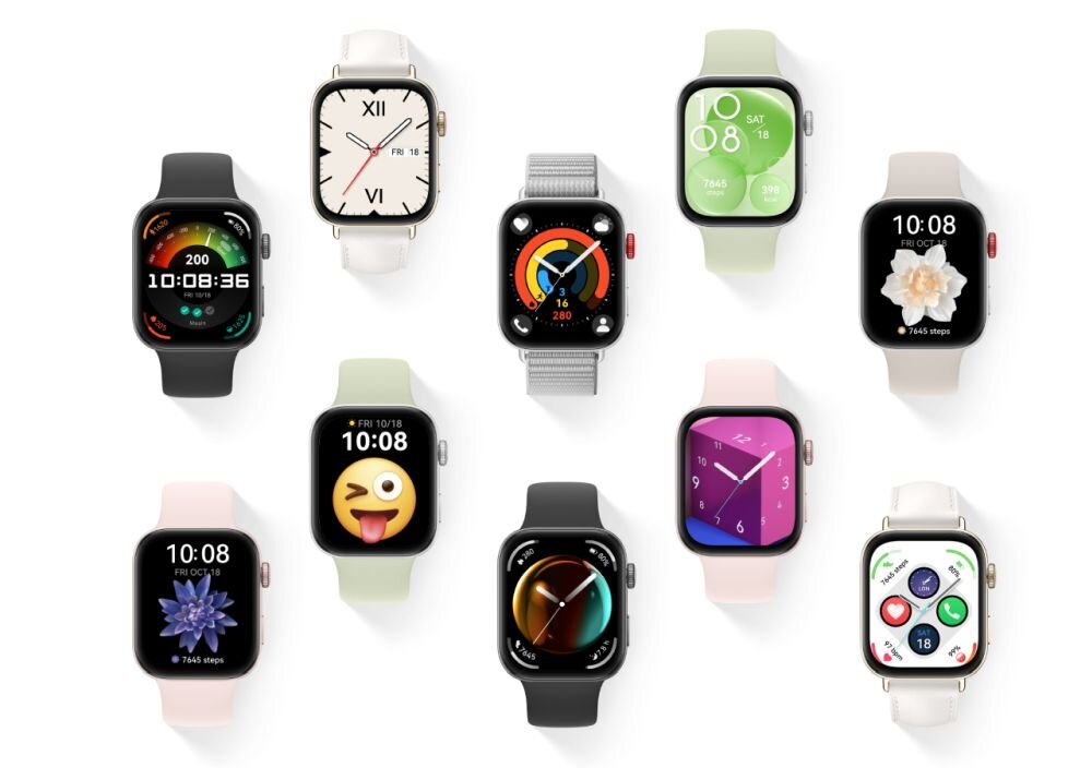 Obraz przedstawia dziewięć smartwatchy z różnymi tarczami i paskami w różnych kolorach. Na tarczach widoczne są różne wzory, godziny i daty, a także emotikony i kwiaty.