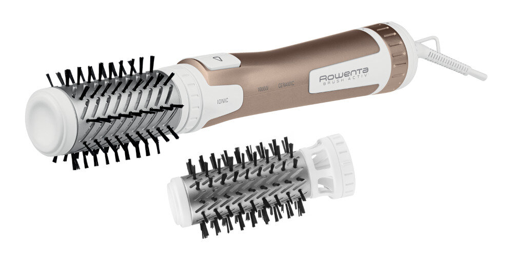 Na obrazie widoczna jest suszarko-lokówka w kolorze brązowo-białym z wymienną szczotką. Na urządzeniu znajduje się napis \'ROWENTA BRUSH ACTIV\'.
