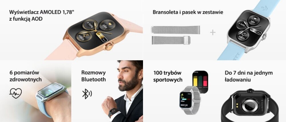 Smartwatch GARETT GRC Activity 2 ekran bateria czujniki zdrowie sport pasek ładowanie pojemność rozdzielczość łączność sterowanie krew puls rozmowy smartfon aplikacja