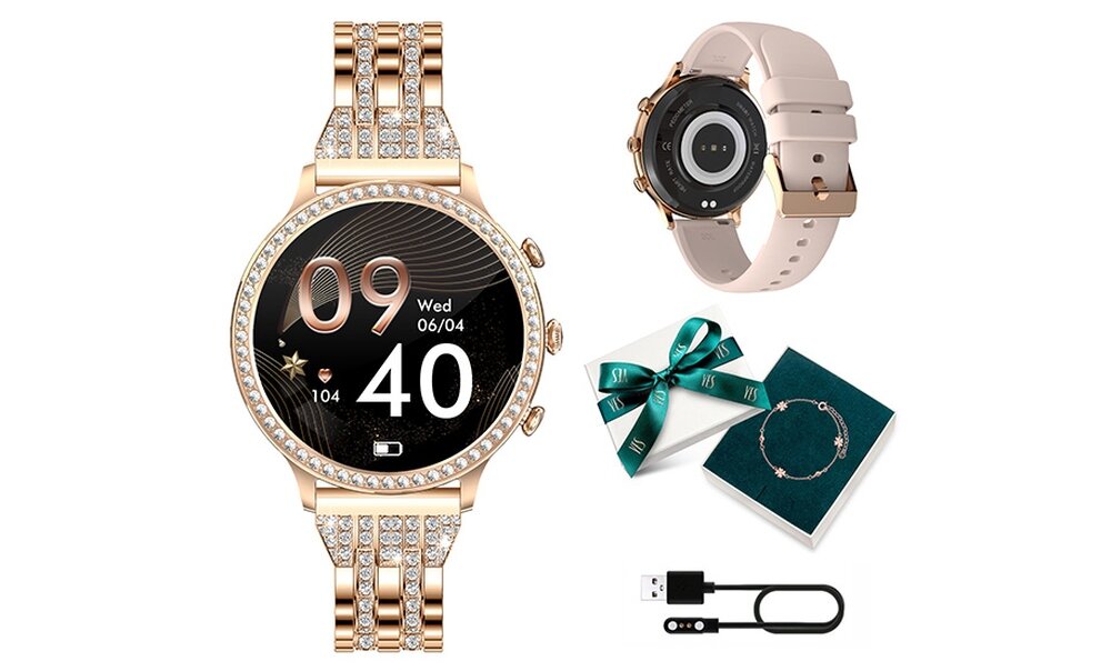 SMARTWATCH MANTA DIAMOND LUSSO ekran bateria czujniki zdrowie sport pasek ładowanie pojemność rozdzielczość łączność sterowanie krew puls rozmowy smartfon aplikacja