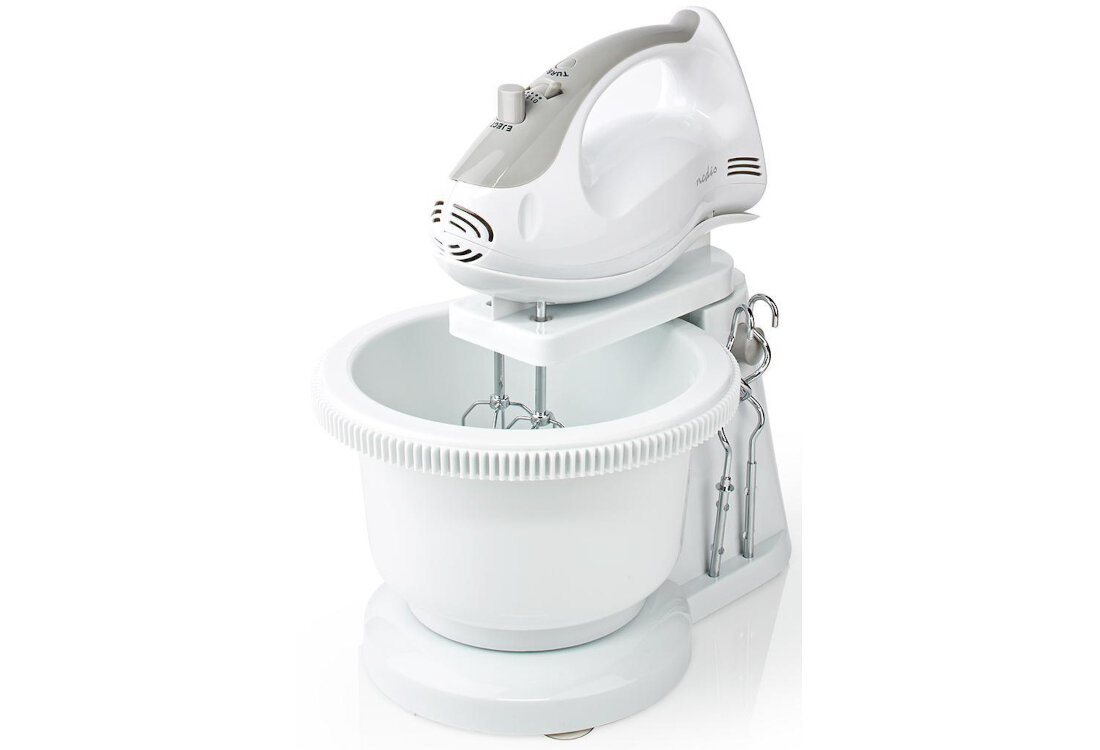 Mikser NEDIS KAHM110CWT komfort użytkowania akcesoria dwie ubijaczki dwa haki obrotowa miska pojemność Intuicyjny przycisk zwalniający funkcja stojaka kompaktowa konstrukcja