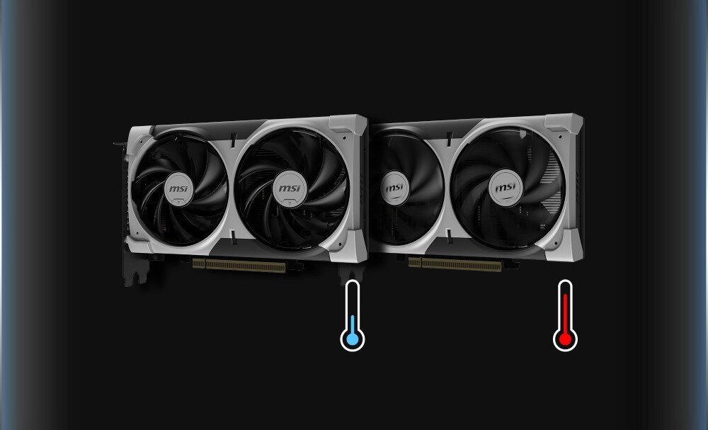 Karta graficzna MSI GeForce RTX 5050 Ventus 2X OC 8GB Zestawienie dwóch kart graficznych obok siebie, gdzie jedna ma wirujące wentylatory, a druga zatrzymane, co sygnalizują ikony termometrów