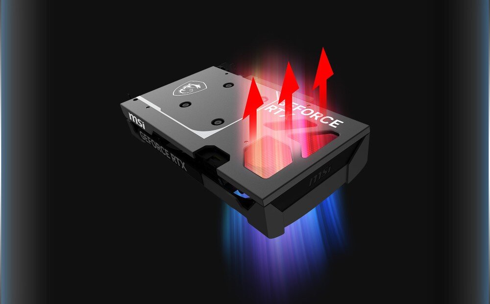 Karta graficzna MSI GeForce RTX 5050 Ventus 2X OC 8GB Grafika prezentująca kartę graficzną z czerwonymi strzałkami skierowanymi ku górze, które obrazują kierunek odprowadzania ciepła