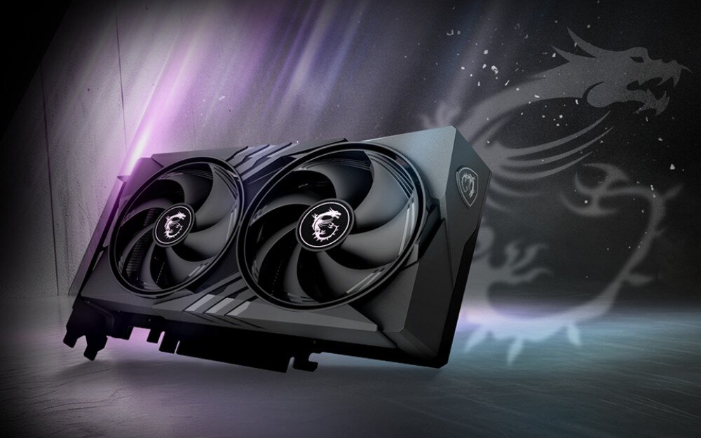 Karta graficzna MSI GeForce RTX 5050 Gaming OC 8GB Karta graficzna ukazana pod kątem na ciemnym tle z artystycznym motywem smoka i fioletową poświatą