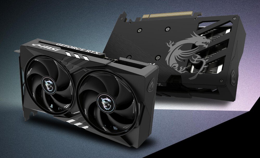 Karta graficzna MSI GeForce RTX 5050 Gaming OC 8GB Dwie karty graficzne ustawione obok siebie ukazujące jednocześnie wygląd frontu z wentylatorami oraz tyłu z płytką usztywniającą