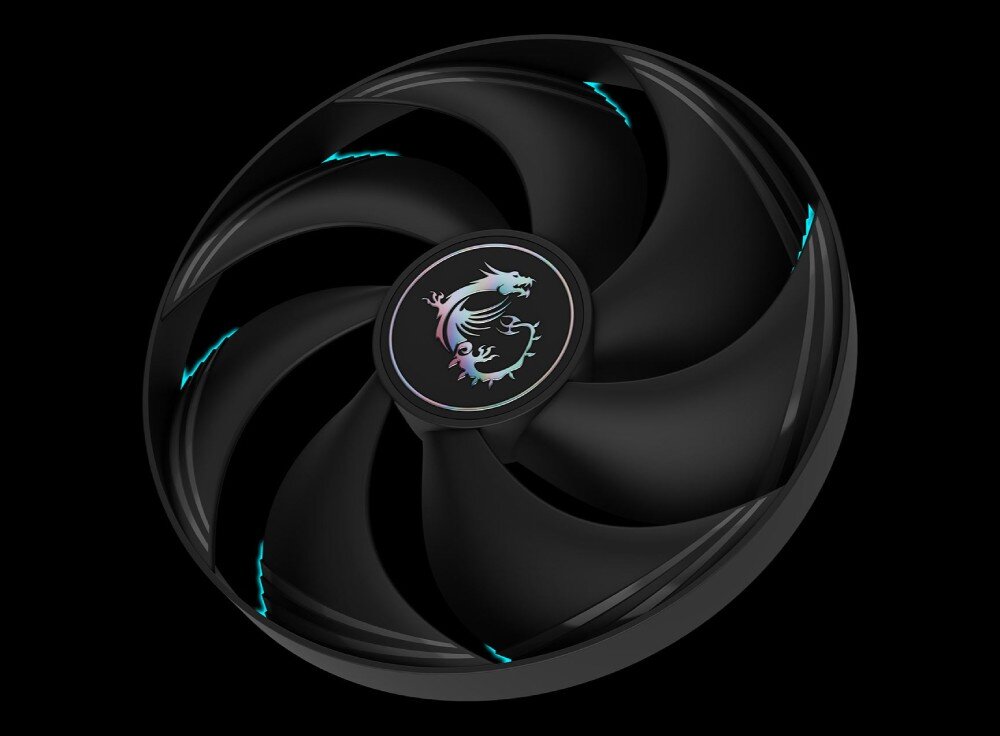 Karta graficzna MSI GeForce RTX 5050 Gaming OC 8GB Pojedynczy czarny wentylator z zakrzywionymi łopatkami i centralnie umieszczonym logotypem smoka