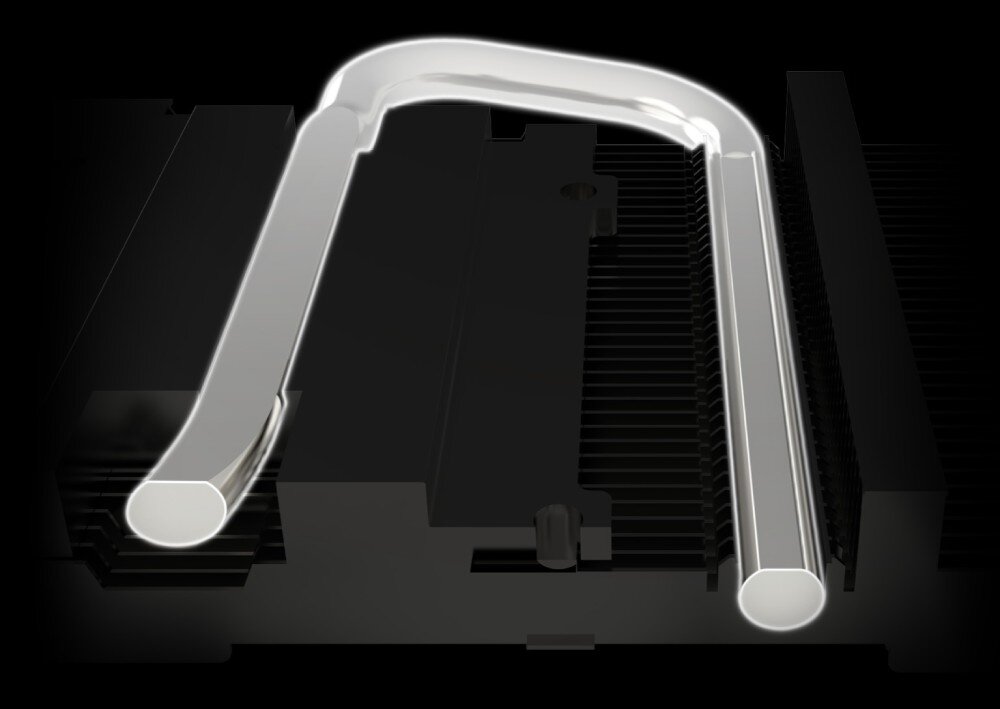 Karta graficzna MSI GeForce RTX 5050 Gaming OC 8GB Zbliżenie na system rurek cieplnych heat pipe wyprofilowanych nad podstawą radiatora