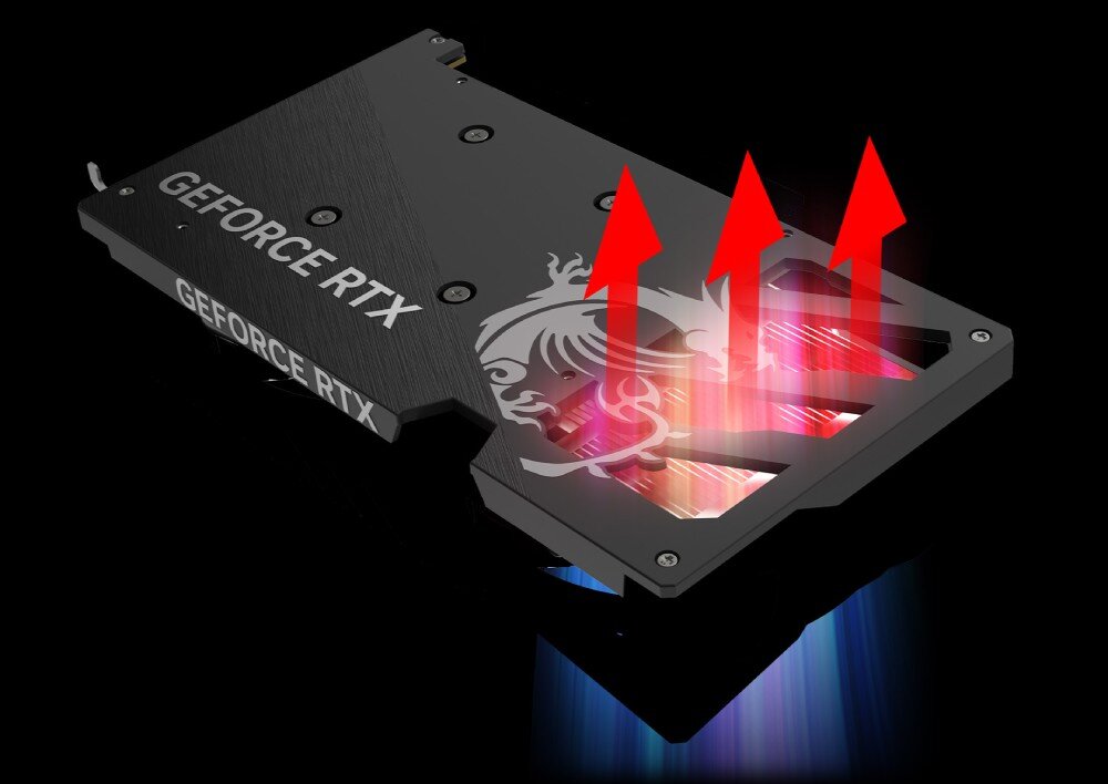 Karta graficzna MSI GeForce RTX 5050 Gaming OC 8GB Tył karty graficznej z czerwonymi strzałkami ilustrującymi przepływ powietrza przez otwory wentylacyjne