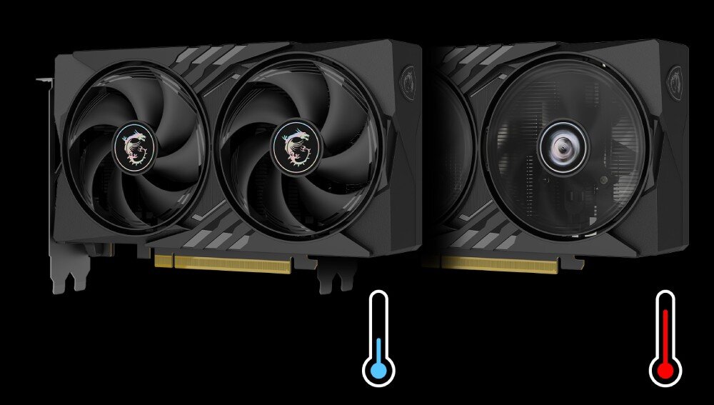 Karta graficzna MSI GeForce RTX 5050 Gaming OC 8GB Porównanie pracy wentylatorów pokazujące wirujące łopatki przy wysokiej temperaturze i zatrzymane przy niskiej